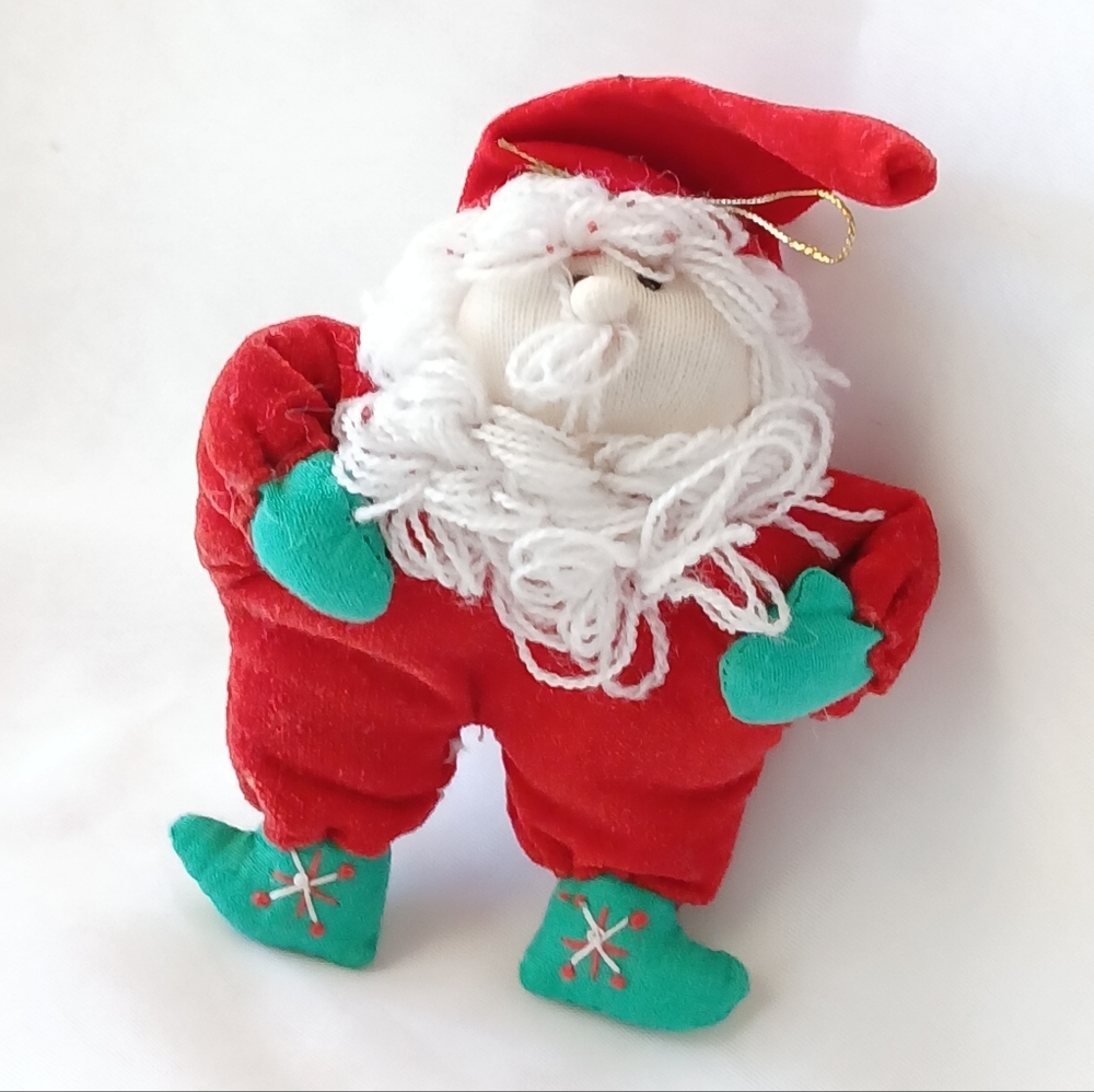 Vintage Festive Santa Claus Plush Christmas Ornament - Red and Green Hand Made